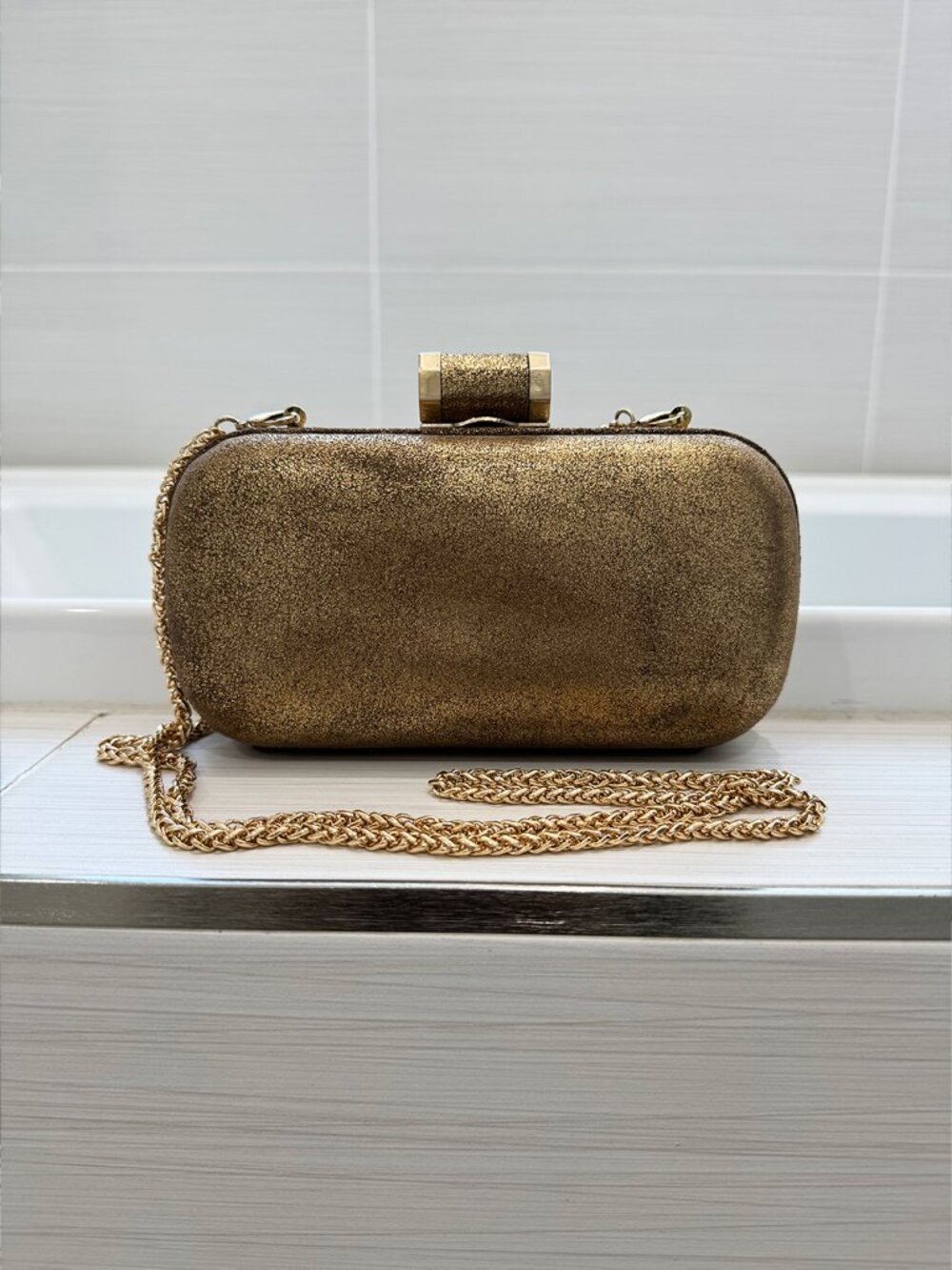Halston Heritage Speckled Gold Hard Case Clutch Removable Shoulder Chain